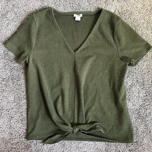 J. Crew Factory short sleeve olive army green v-neck top with knotted waist